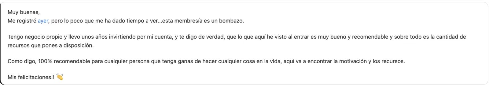 Correo de un socio: «Me registré ayer, pero lo poco que me ha dado tiempo a ver… esta membresía es un bombazo.»